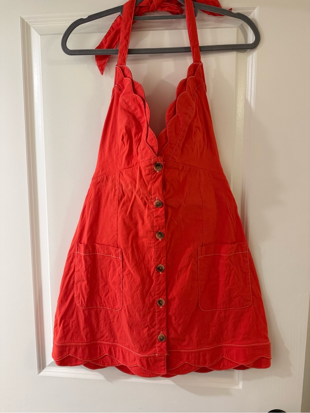 Maeve Red Halter Mini Dress with Scallop Trim